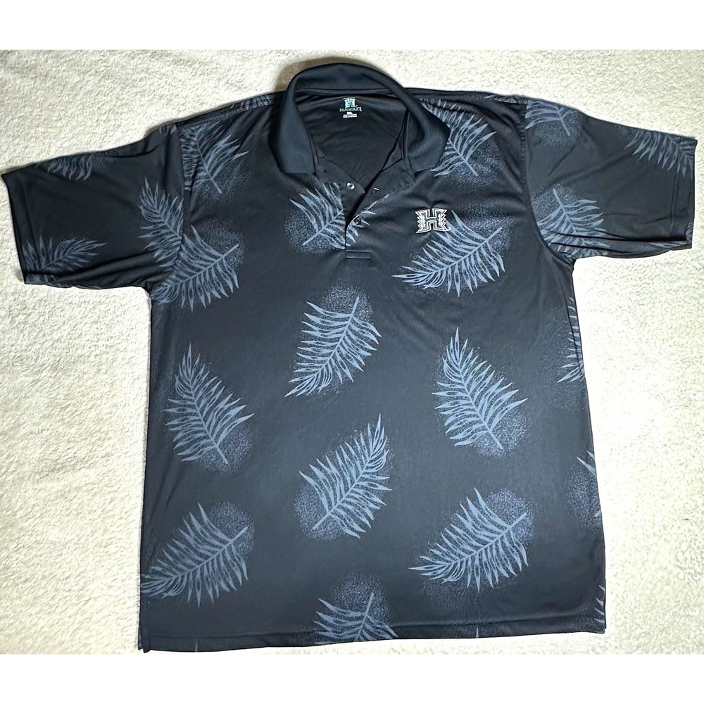 University of Hawaii Men's Polo Shirt 2XL Black Gray Tropical Leaf Print logo